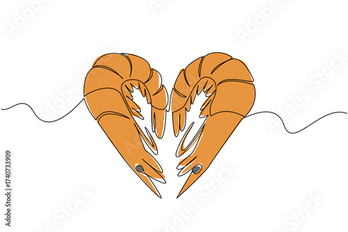 Single continuous line drawing 2 shrimps arranged in a heart shape. Serving for seafood lovers. Seafood restaurant logo. Prawn. Delicious. National Shrimp Day. One line design vector illustration