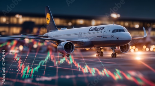 Lufthansa airplane parked at airport runway with stock market chart in foreground during evening