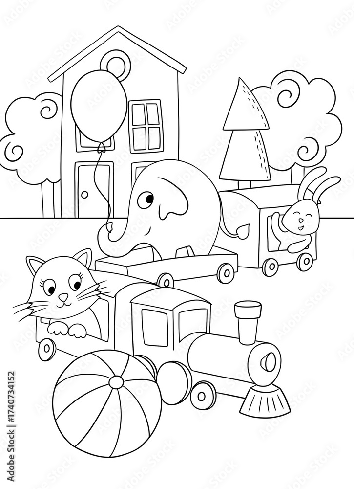 Naklejka premium Toy train with toy animals coloring page