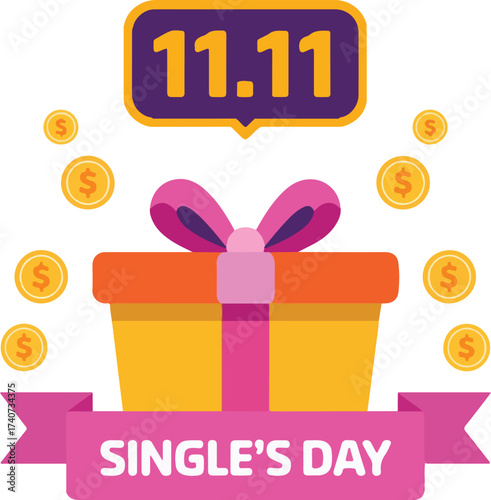 Colorful gift box with coins and a single s day banner
