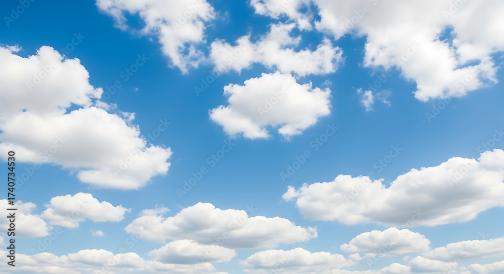 Fototapeta premium A bright blue sky filled with fluffy white cumulus clouds, a classic representation of good weather