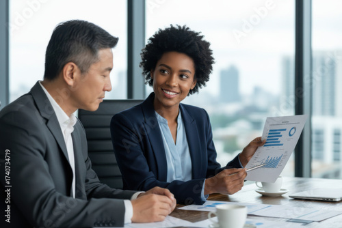 A man and a woman sitting at a table looking at a tablet