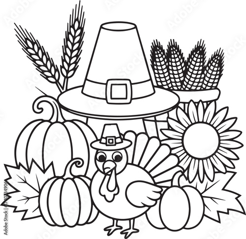 Thanksgiving harvest illustration featuring a turkey pumpkins and autumnal elements