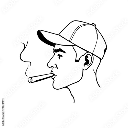 Minimalist black-and-white silhouette of a man in profile, with defined facial features, including a strong jawline and nose, wearing a fitted baseball cap with a slightly curved brim, and smoking a t