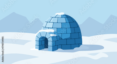 A blue igloo constructed from ice blocks, topped with snow, in a winter landscape.