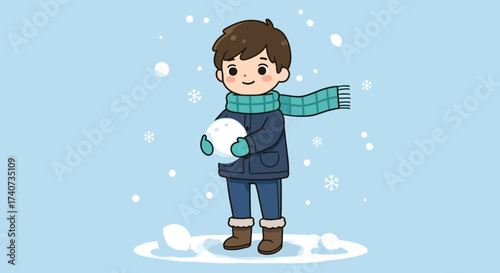 Adorable cartoon boy holding a snowball in a winter wonderland with falling snow.