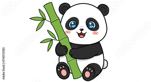 Adorable cartoon panda bear holding a vibrant green bamboo stalk with leaves.