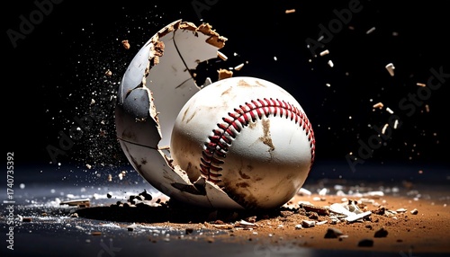 An artistic image shows a baseball emerging from a cracked eggshell, with debris scattered around. The ball is pristine, while the egg is fractured
