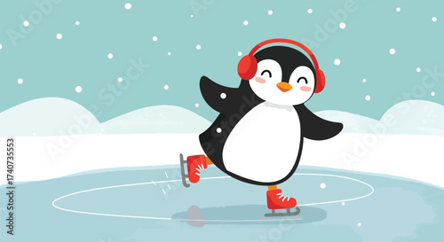 Adorable cartoon penguin wearing headphones ice skating on a frozen pond.