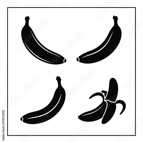 Silhouettes of bananas including a peeled banana for food and tropical fruit designs silhouette