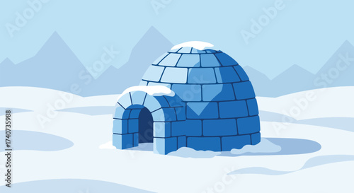 Blue Igloo Structure with Snow-Covered Entrance in a Winter Landscape.