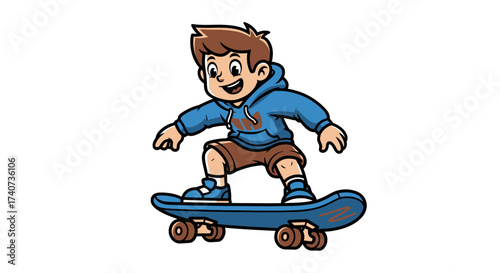 A cartoon of a cheerful boy with brown hair riding a blue skateboard enthusiastically engaging in