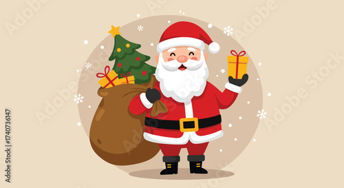 Cheerful Santa Claus holding a gift with a sack and Christmas tree.