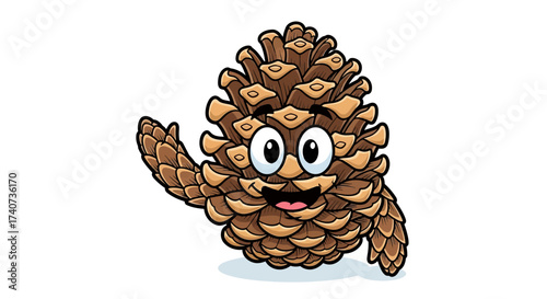 Cheerful cartoon pinecone character waving with friendly expression and clear background