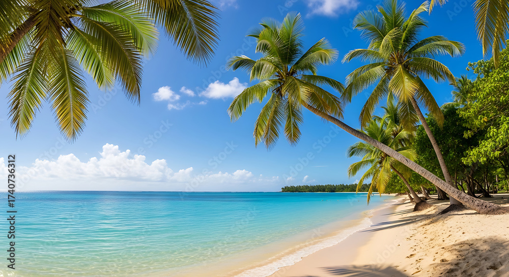 Fototapeta premium Tropical beach with white sand, turquoise water, and leaning palm trees under a clear blue sky