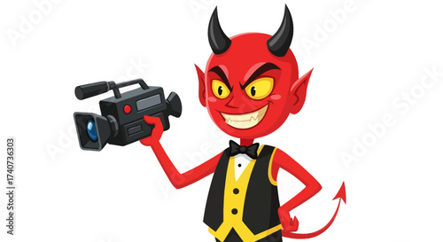 Cartoonish depiction of a red devil character filming with a vintage camera for a film festival
