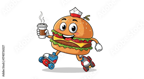 Cartoon Burger Character on Roller Skates Holding Coffee - Fun and Whimsical Fast Food Illustration