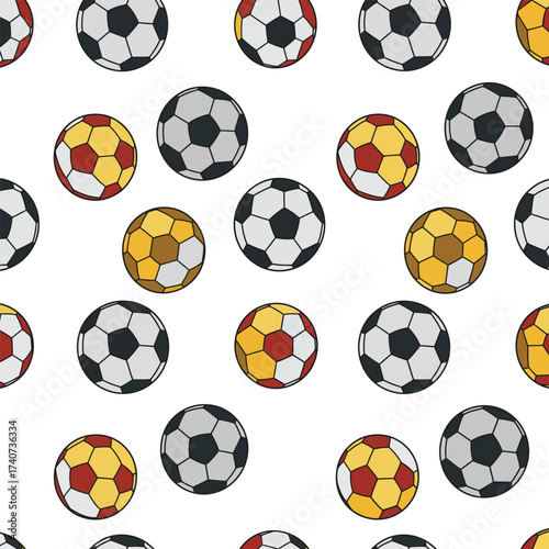 Seamless pattern of classic black and white and colorful soccer balls for sports and games isolated on transparent background