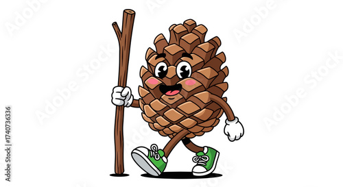 Cartoon Illustration of Happy Pinecone Character Hiking with Stick on White Background