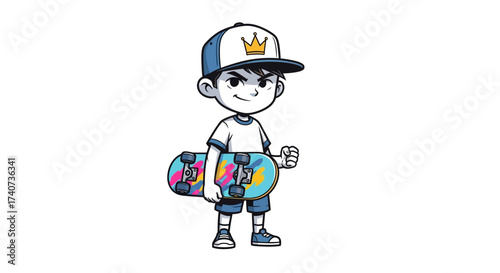 Cartoon illustration of a boy with a skateboard isolated on a white background art design