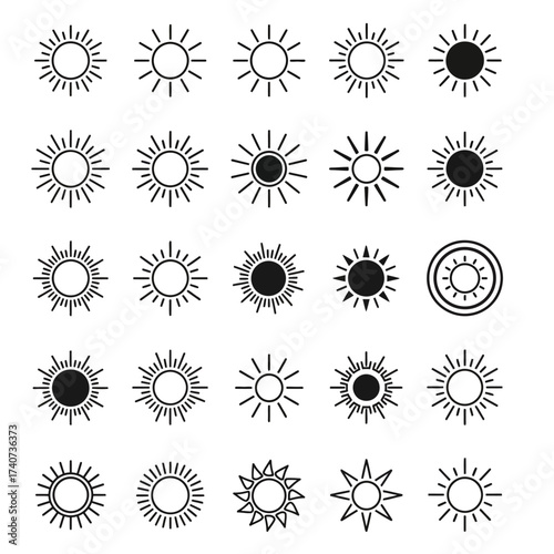 Collection of twenty four unique sun icons arranged in a grid pattern on a white background