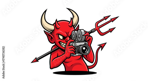 A red devil cartoon character holding a camera and a trident, isolated on white background for