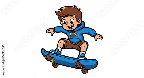 Cartoon illustration showcasing a young boy cheerfully skateboarding with enthusiasm and joy