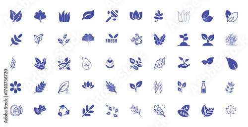 Collection of 35 Blue Leaf and Nature Icons on White Background