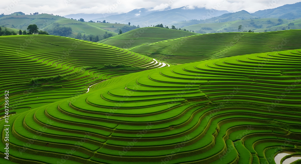 Fototapeta premium Lush green rice terraces cascading down rolling hills in a rural landscape, creating a vibrant, patterned vista