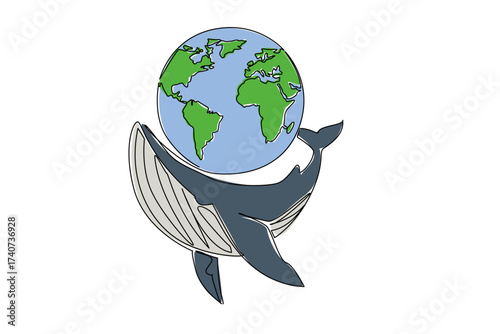 Single continuous line drawing whale swimming while twisting its body and globe. Protect ocean so that the food chain in the ocean is maintained. Mother Ocean Day. One line design vector illustration