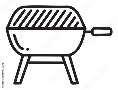 Simple black outline drawing of a portable charcoal grill with a handle, slatted lid, and three sturdy legs, ideal for outdoor cooking and barbecues.