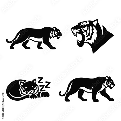 Majestic tigers silhouette set dynamic poses roaring walking sleeping big cat wildlife art silhouette