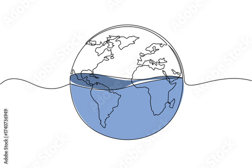 Single one line drawing a globe with water in the center. 71 percent of surface of the earth is ocean. Protect the sea from pollution. Mother Ocean Day. Continuous line design graphic illustration