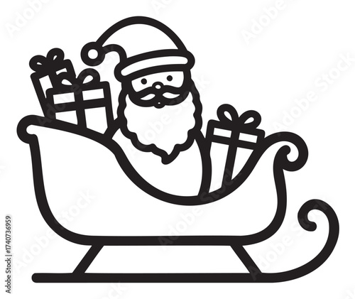 Black outline icon of santa claus sitting in a traditional sleigh with multiple wrapped gifts around him, featuring a jolly expression and classic santa hat.