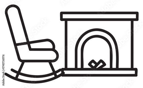 Black outline icon of a rocking chair beside a fireplace, symbolizing comfort and home warmth.
