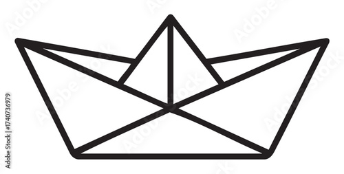 Black outline vector icon of a simple paper boat. minimal linear illustration representing origami and creative craftsmanship.