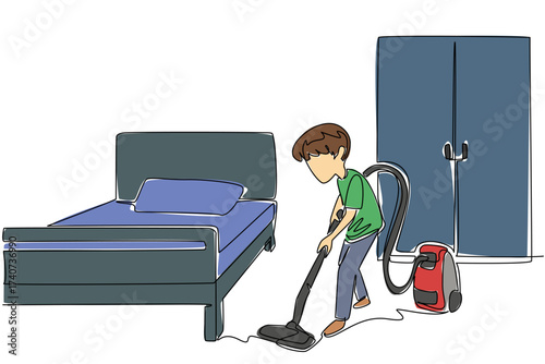 Single continuous line drawing a boy is cleaning his room using a vacuum cleaner. Leveraging technology to be cleaner. Equipment. National Clean Your Room Day. One line design vector illustration
