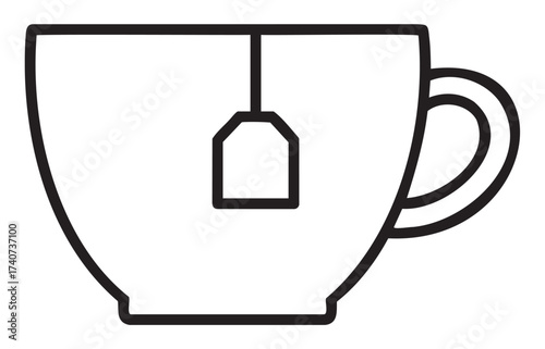 Black outline vector icon of a classic teacup with a teabag hanging inside. simple linear drawing for tea, beverage, and kitchen-related themes.