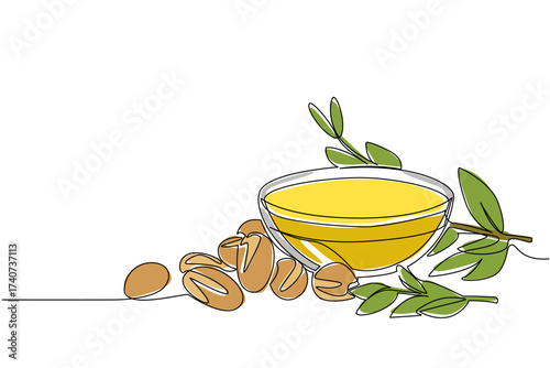 Single one line drawing argania seeds scattered around as well as bowls filled with argania oil. Argan oil with many benefit. International Day of Argania. Continuous line design graphic illustration