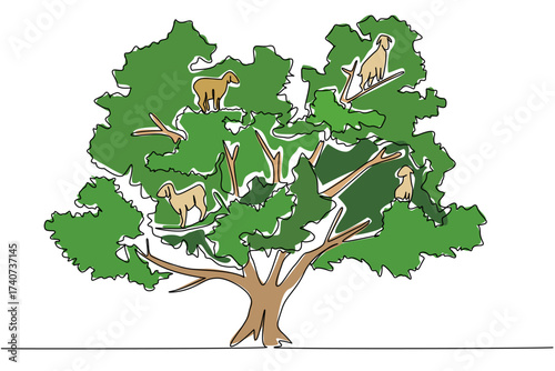 Continuous one line drawing an argania tree with several goats climbing on it. Favorite season for climbing argan trees. International Day of Argania. Single line draw design vector illustration