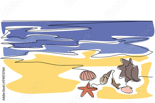 Single one line drawing various shells and starfish on the beach. Guardians of a healthy marine ecosystem. Ecosystem diversity generator. Mother Ocean Day. Continuous line design graphic illustration