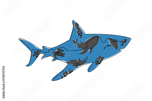 Single continuous line drawing several silhouettes of types of fish within silhouette of a shark. The ocean predator. Looking for prey. Hunting. Mother Ocean Day. One line design vector illustration