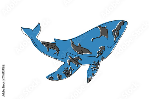 Continuous one line drawing several silhouettes of types of fish within silhouette of a large whale. The highest food chain in the ocean. Mother Ocean Day. Single line draw design vector illustration