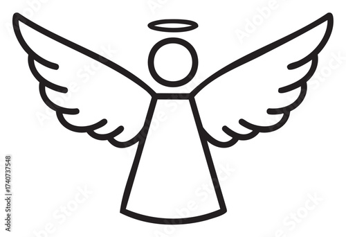 Black outline icon of a simple angel with wings and a halo. minimal linear illustration for spiritual and religious concepts.