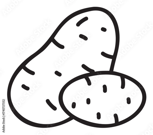 Black outline drawing of two unpeeled potatoes with irregular shapes and dotted surface details.