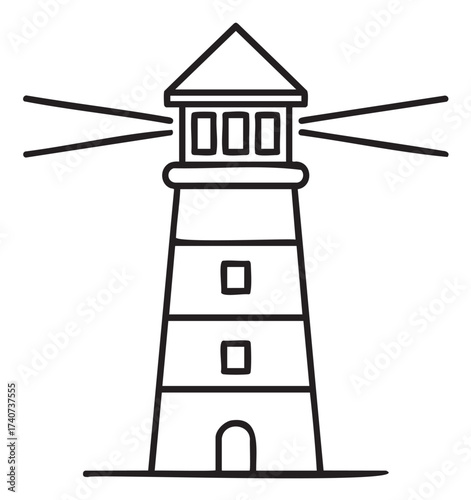 Black outline drawing of a simple lighthouse with a striped tower and light beams radiating from the top.