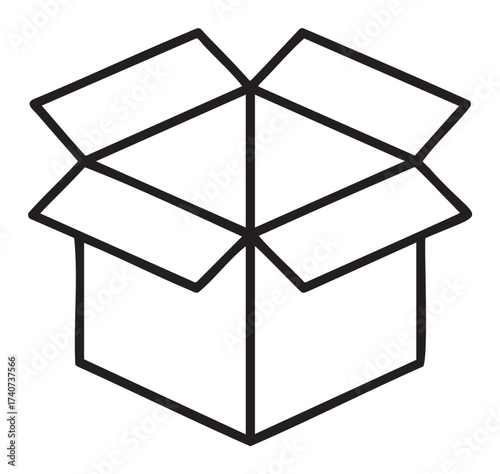Black outline icon of an open cardboard box with flaps extended outward, representing packaging, shipping, or storage concepts.