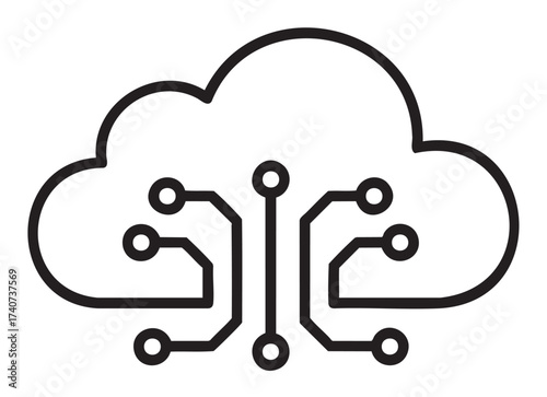 Black outline icon of a cloud with interconnected circuit lines symbolizing cloud computing and digital connectivity.