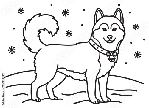 Black and white outline drawing of a smiling husky standing in snow, surrounded by falling snowflakes, wearing a collar with a small bell.