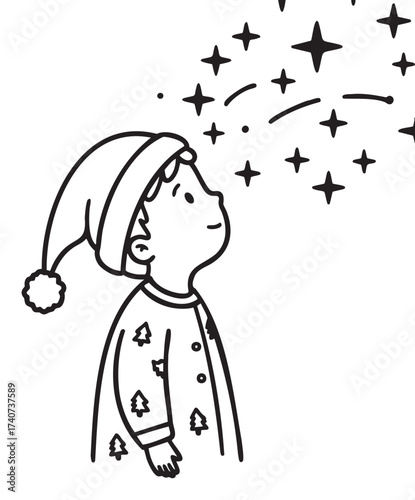 A young child in a festive sweater and santa hat gazes upward at sparkling stars with a joyful expression.